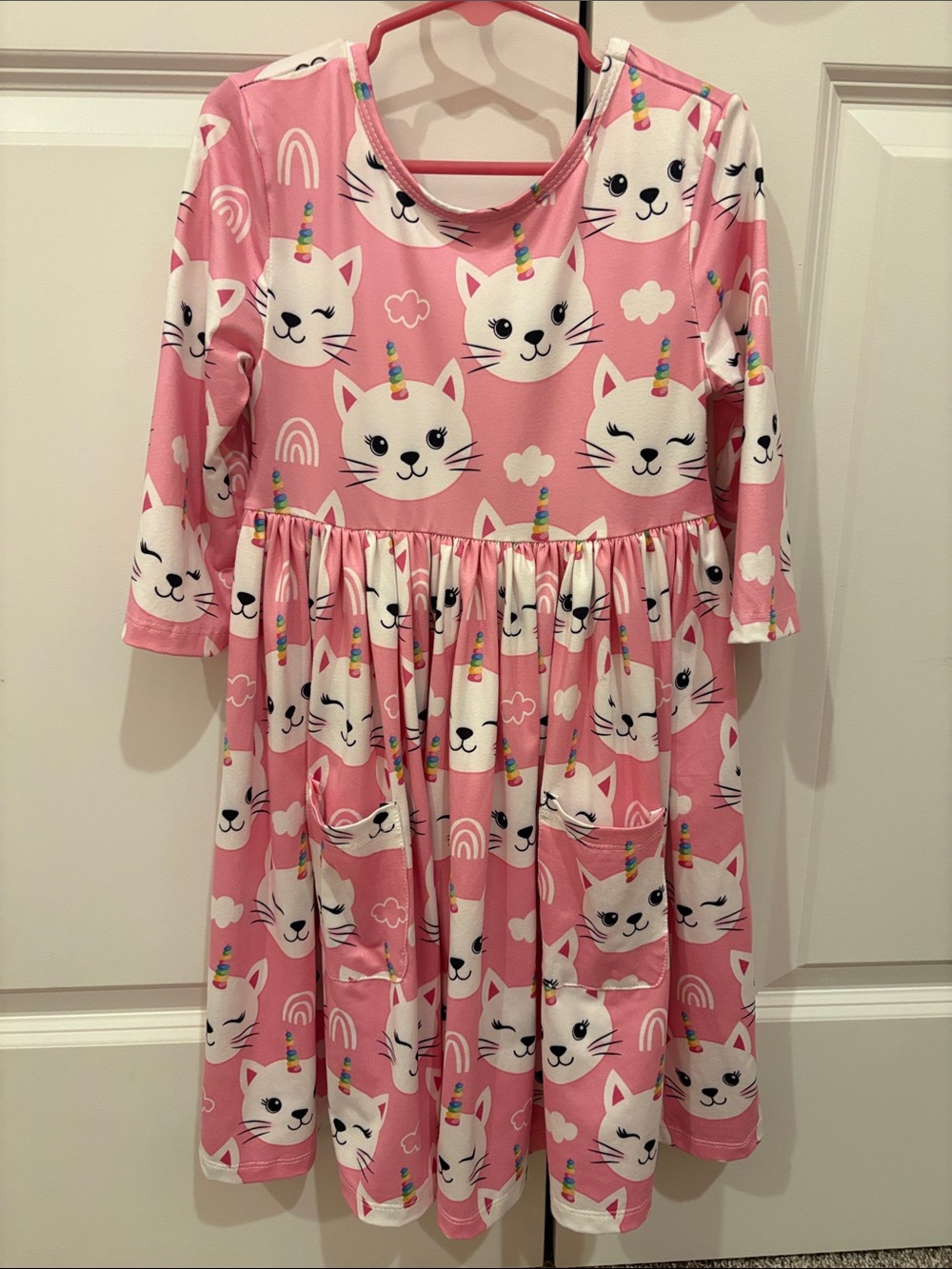 Girls Pink Unicorn Cat Print 3/4 sleeve Dress